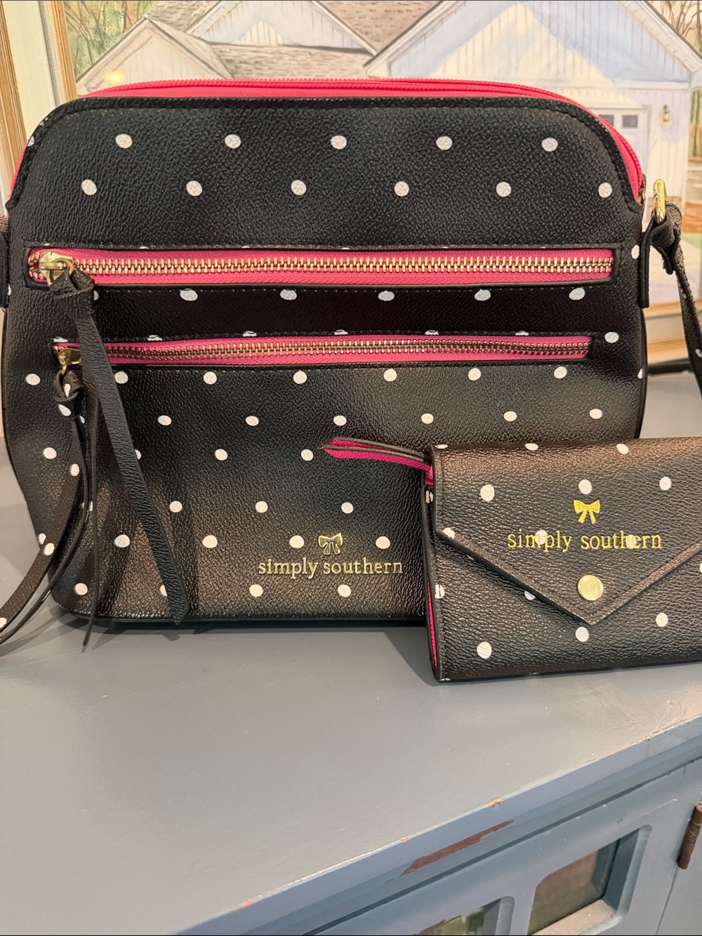 Simply Southern Black Polka Dot Crossbody with Pink Trim and Matching Wallet